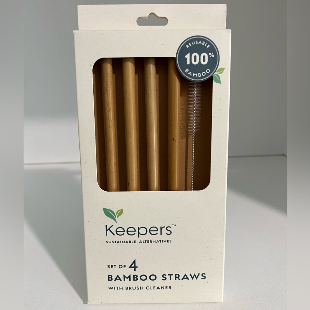 Keepers Set of 4 Bamboo Straws with Brush Cleaner 100% Reusable Bamboo